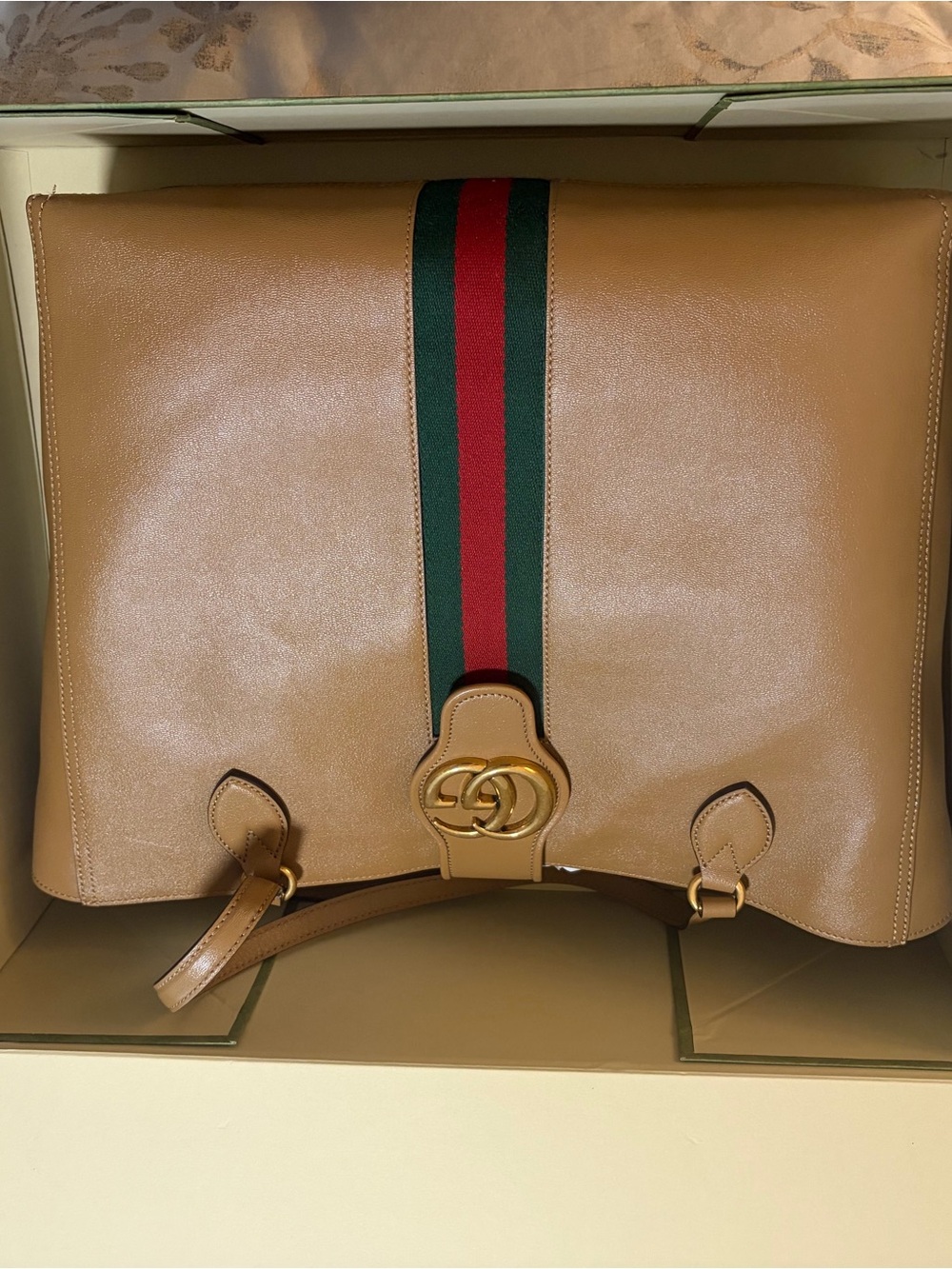 Gucci Camel Leather Tote with Green-Red Web and Gold Double G